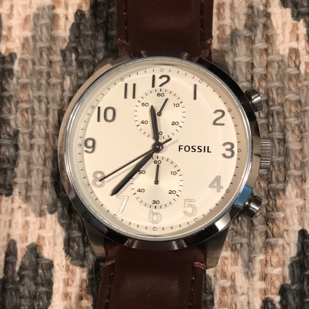 Fossil classic silver watch w/ brown leather band